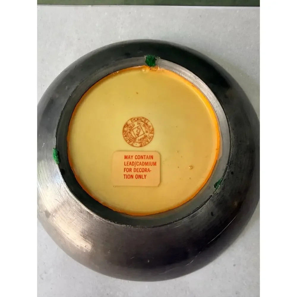 Vintage ACF Pewter Encased Japanese Porcelain Bowl - Green Floral Chinoiserie